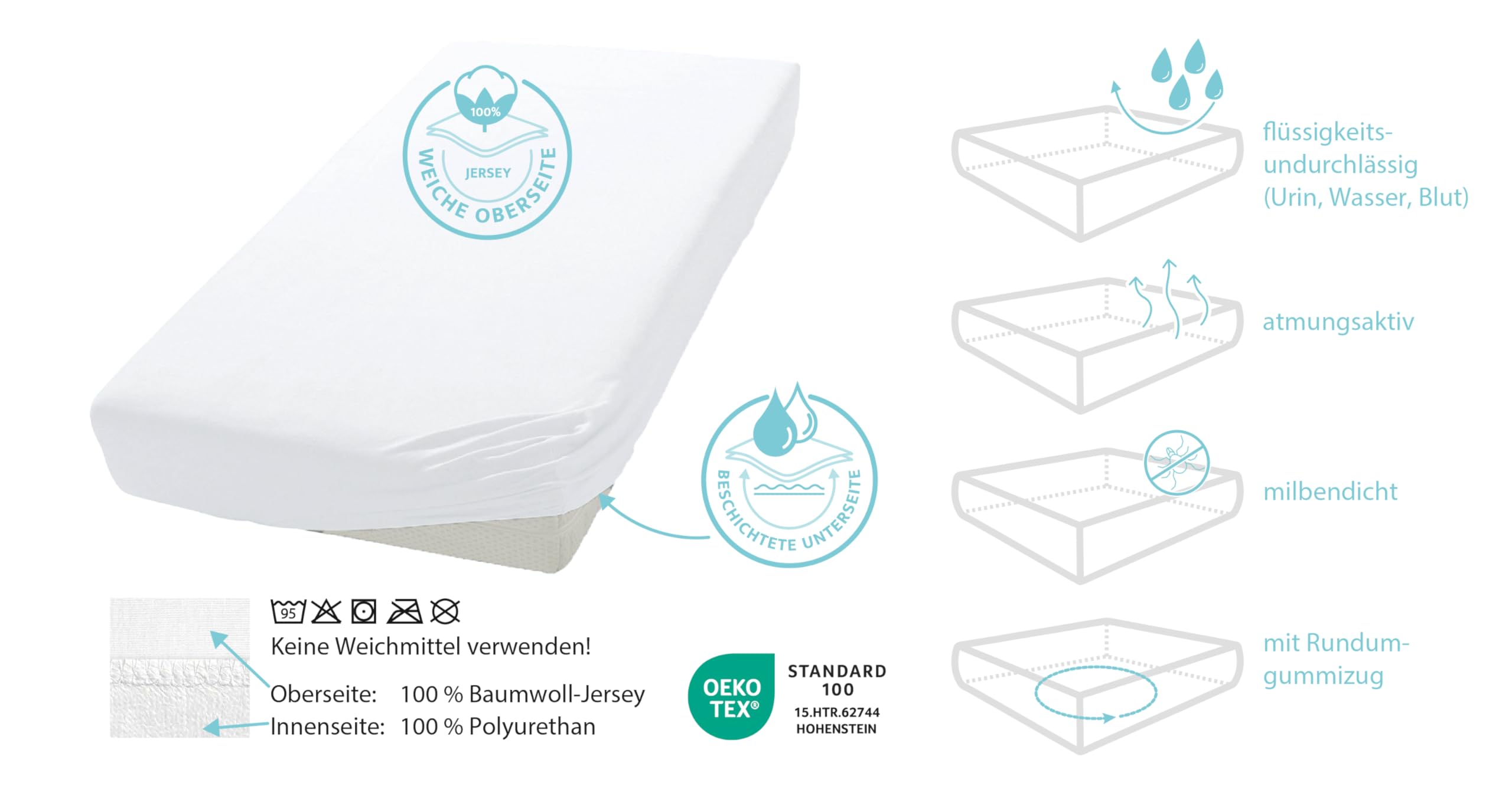 Castejo Matratzenschutz als Spannbetttuch mit PU Beschichtung zusätzlich auch an den Seiten, Hygieneschutz, Inkontinenz, Spannlaken,Bettlaken, Pflege, CA1075 Größe: 200x200cm