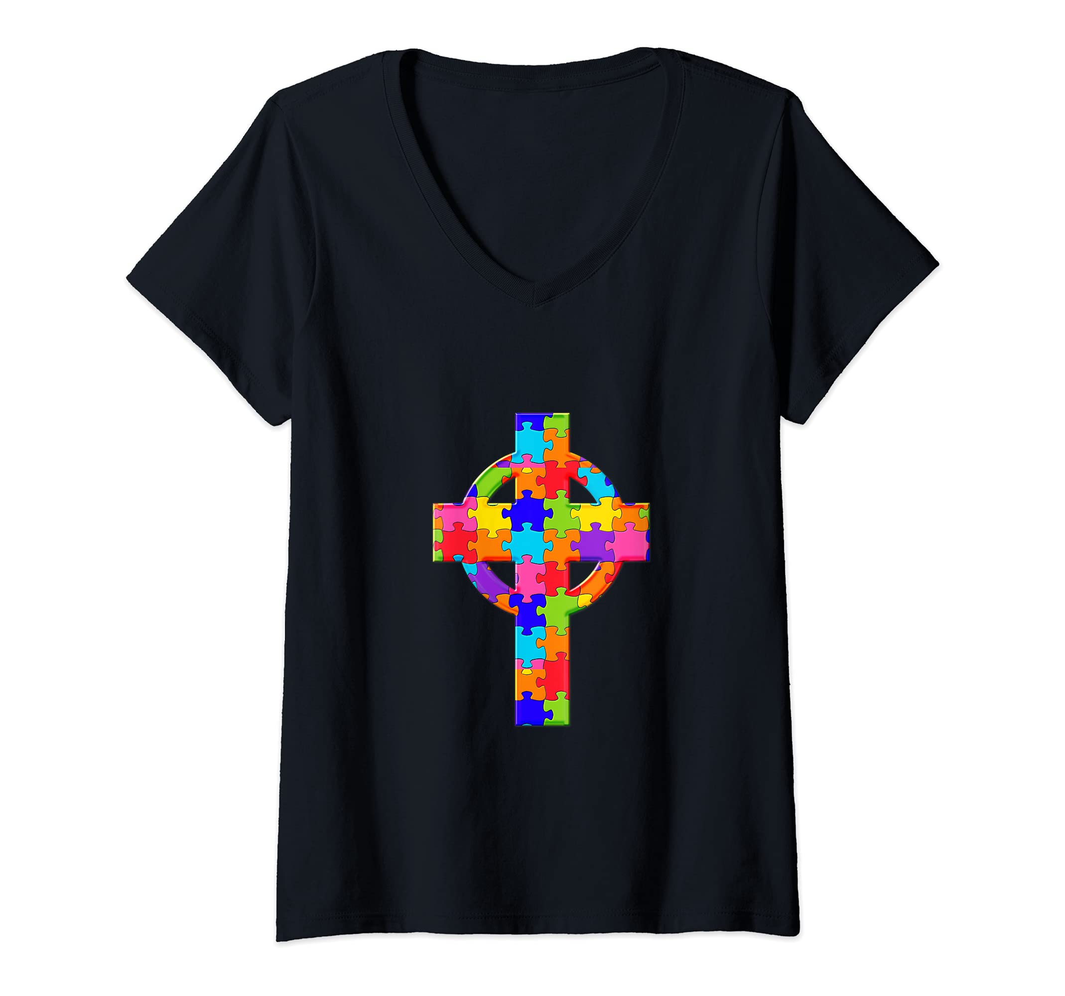 Womens Christian Cross Jesus Christ Jigsaw Autism Puzzle V-Neck T-Shirt