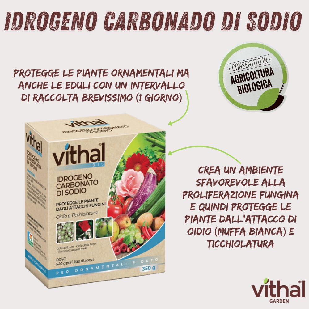 VITHAL Fungicida Per Piante in Polvere - a base di Idrogeno Carbonato di Sodio, Protezione Naturale per Piante Ornamentali ed Edibili, Efficace Contro Oidio e Ticchiolatura, 350g