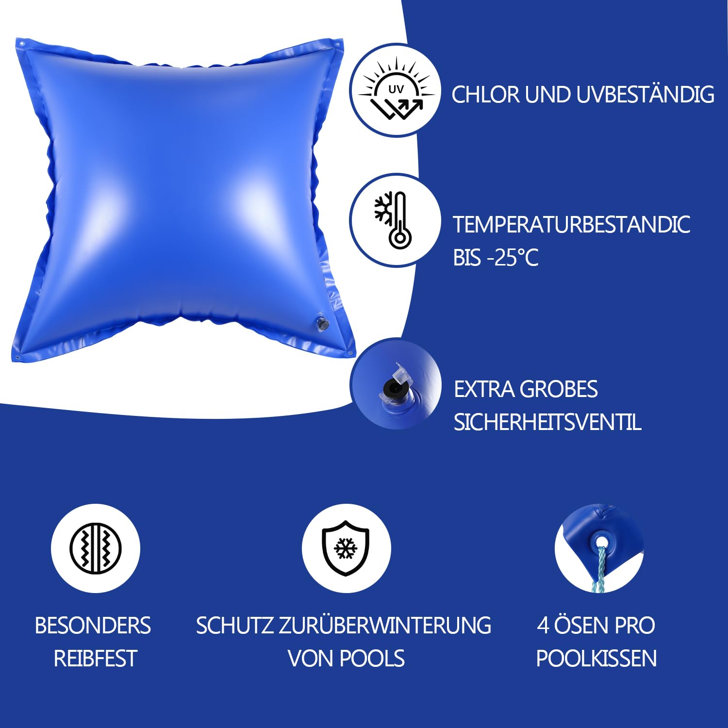Cojín de piscina de invierno para piscina, cojín de aire de 120 x 120 cm, cojín de invierno con válvula de seguridad, con cuerda de 8 m para la mayoría de tipos, cojines de piscina, cojín
