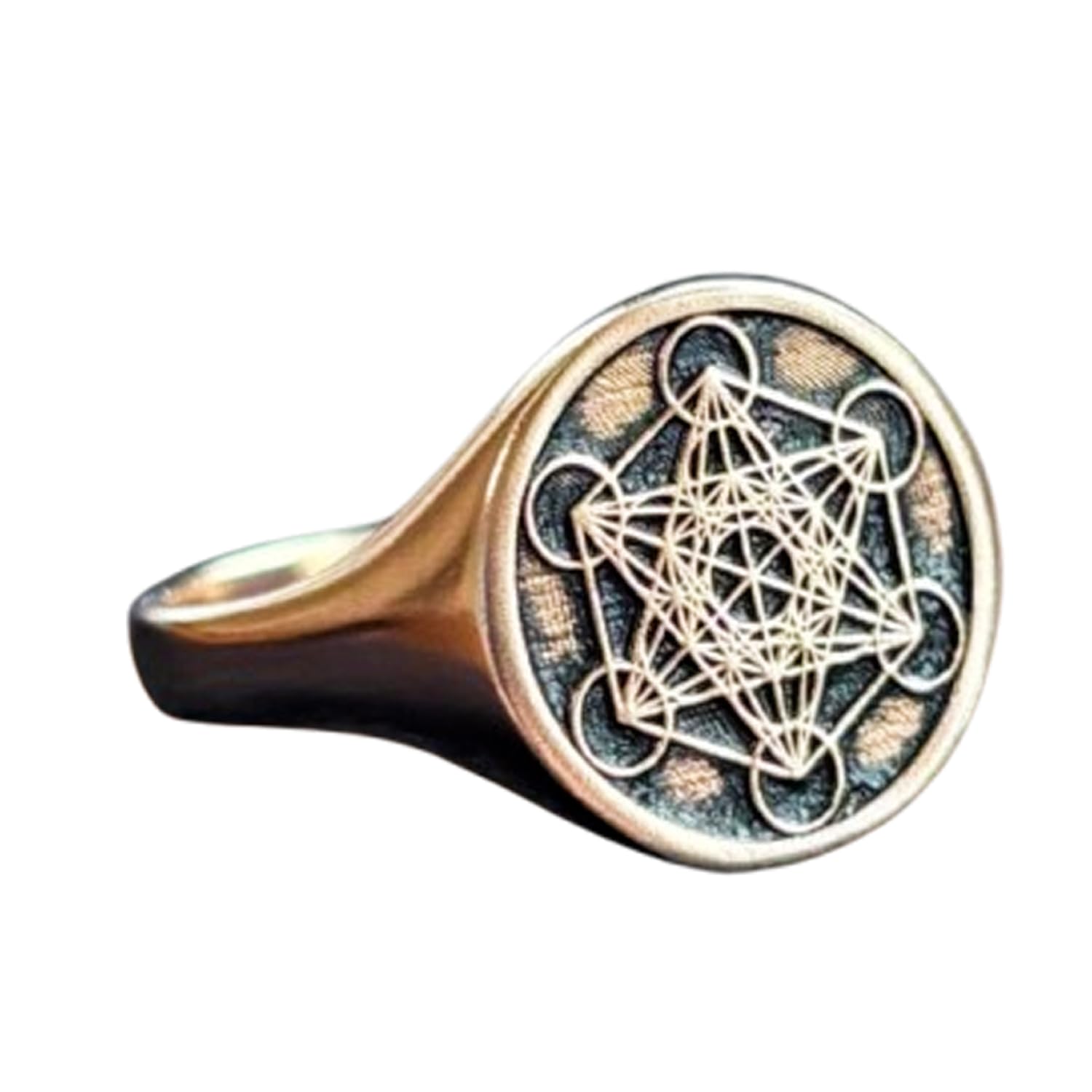 Bague Cube de Métatron chevalière ronde en argent 925 plaqué or