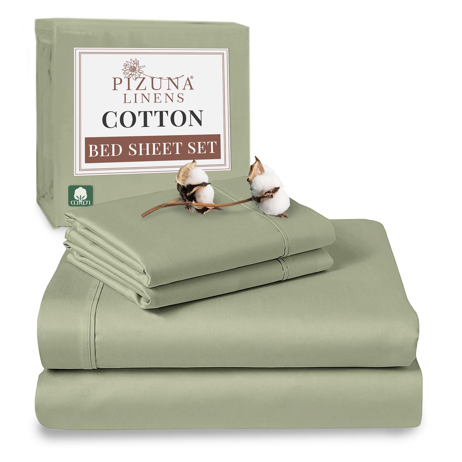 Pizuna 100% Cotton Super King Bed Sheet Set Light Sage, 400 Thead Count Long Staple Cotton Bedding Set 300x280 cm, Soft Sateen 4 PC King Bed Sheet Set -Fitted Sheet, Flat Sheet & 2 Pillowcases
