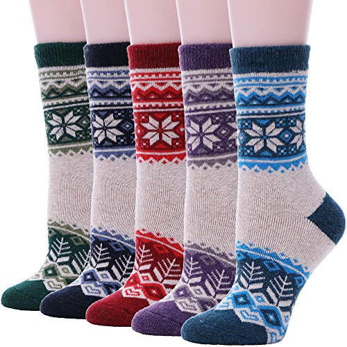 Womens Wool Socks Thick Heavy Thermal Cabin Fuzzy Winter Warm Crew Socks For Cold Weather 5 Pack (Snowflake Tree)