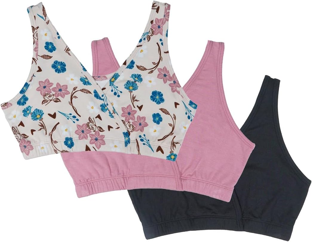 Everly Grey Paisley 3 Pack Maternity and Nursing Sleep Bras (Large, Magnolia/Rose/Black)