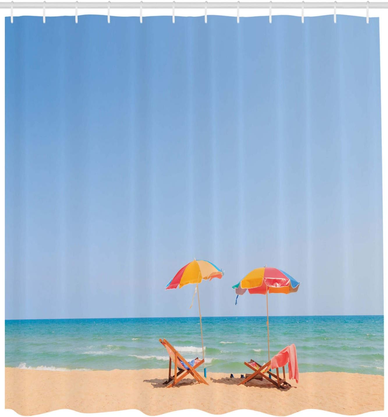 Ambesonne Seaside Shower Curtain, Beach Chair Umbrella on The Beach Leisure Time Tourist Attractions Photo Print, Cloth Fabric Bathroom Decor Set with Hooks, 69" W x 75" L, Turquoise Beige