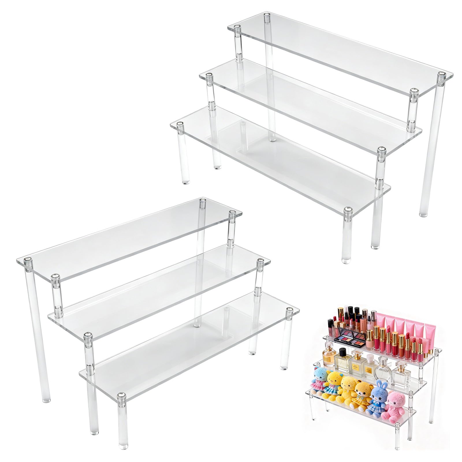 Solivive 2 Pack Acrylic Riser Clear Display Stand, 3 Tier Acrylic Shelf for Cupcake Dessert Perfume Collection, Cosmetic Jewelry Makeup Organizer, Action Figure Toy Display