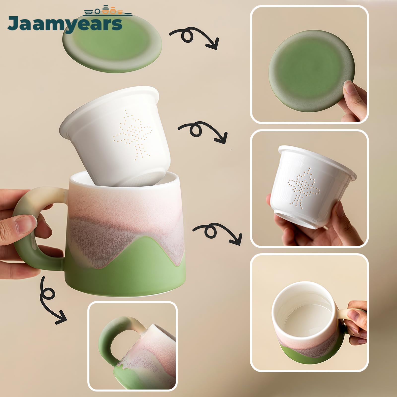 Taza de té con infusor y tapa, taza de té de cerámica de hojas sueltas, 350 ml, ideal para preparar café y té