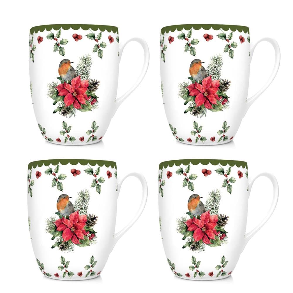 Yöl Green Set Of 4 Festive Holly Robin And Poinsettia Christmas Mugs Xmas Gift Porcelain Mug Set Festive