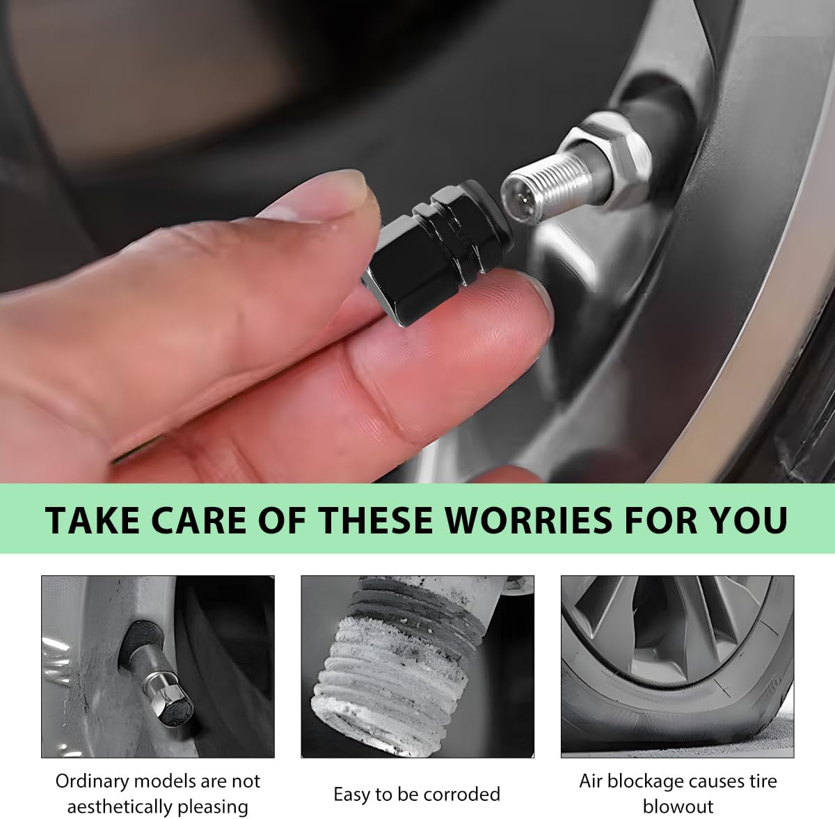 4 PCS Car Tire Valve Stem Caps, Leakproof Hexagon Shape Wheel Valve Covers with Rubber Seal, Corrosion-Resistant Aluminum Tire Air Cap for Cars Trucks SUVs Motorcycles (Black) - Image 5