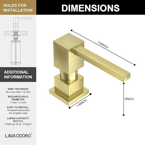 Miniatura 3 de Lava Odoro Dispensador de jabón para fregadero de cocina, dispensador de jabón dorado para fregadero, moderno y cuadrado integrado para fregadero de