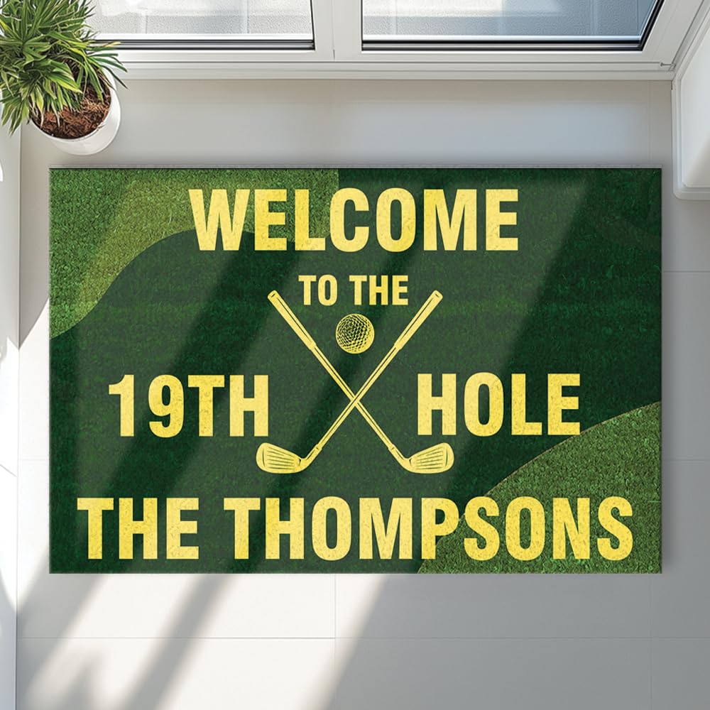 CSKIS Welcome to The 19th Hole Personalized Golf Doormat – Custom Family Name Mat with Golf Clubs &amp; Green Turf Design – Funny Non Slip Outdoor Entry Rug for Porch, Man Cave, or Home Bar Décor
