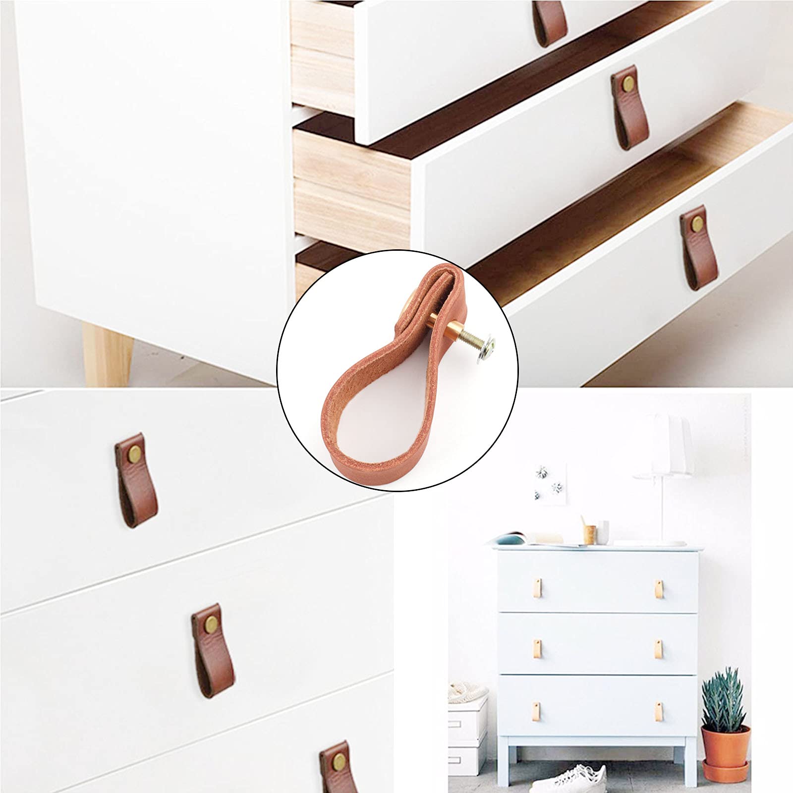 6 Tiradores De Cuero Para Muebles | Tiradores De Cajón O Puerta | Tamaño 63x26 Mm | Incluye Tornillos | Estilo Vintage Y Cálido