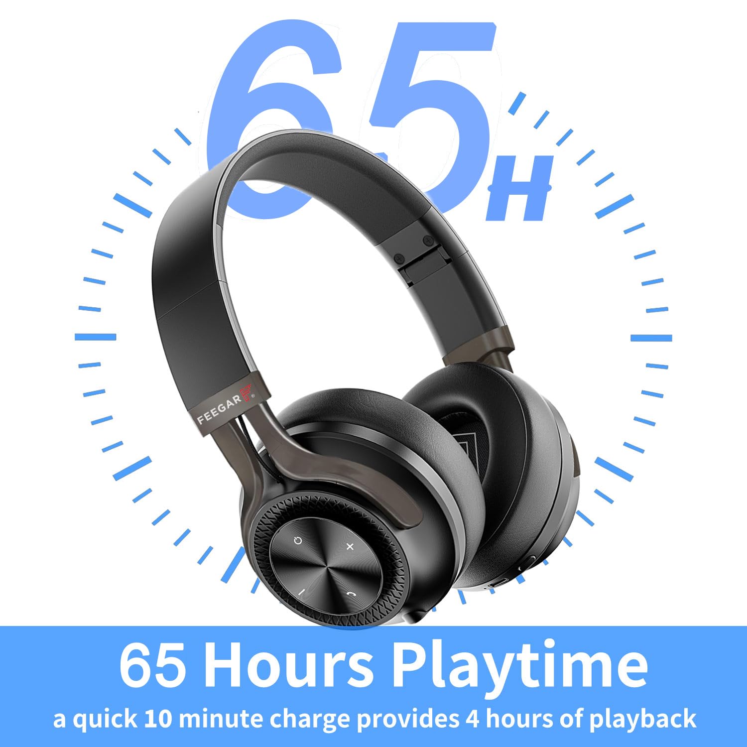 Feegar Bluetooth-Kopfhörer über Ohr, 65 Stunden Spielzeit und ANC, BT 5.4 kabellose Kopfhörer mit Mikrofon, HiFi-Stereo, faltbares leichtes Headset, tiefer Bass für Zuhause, Büro, Handy, PC (Schwarz)