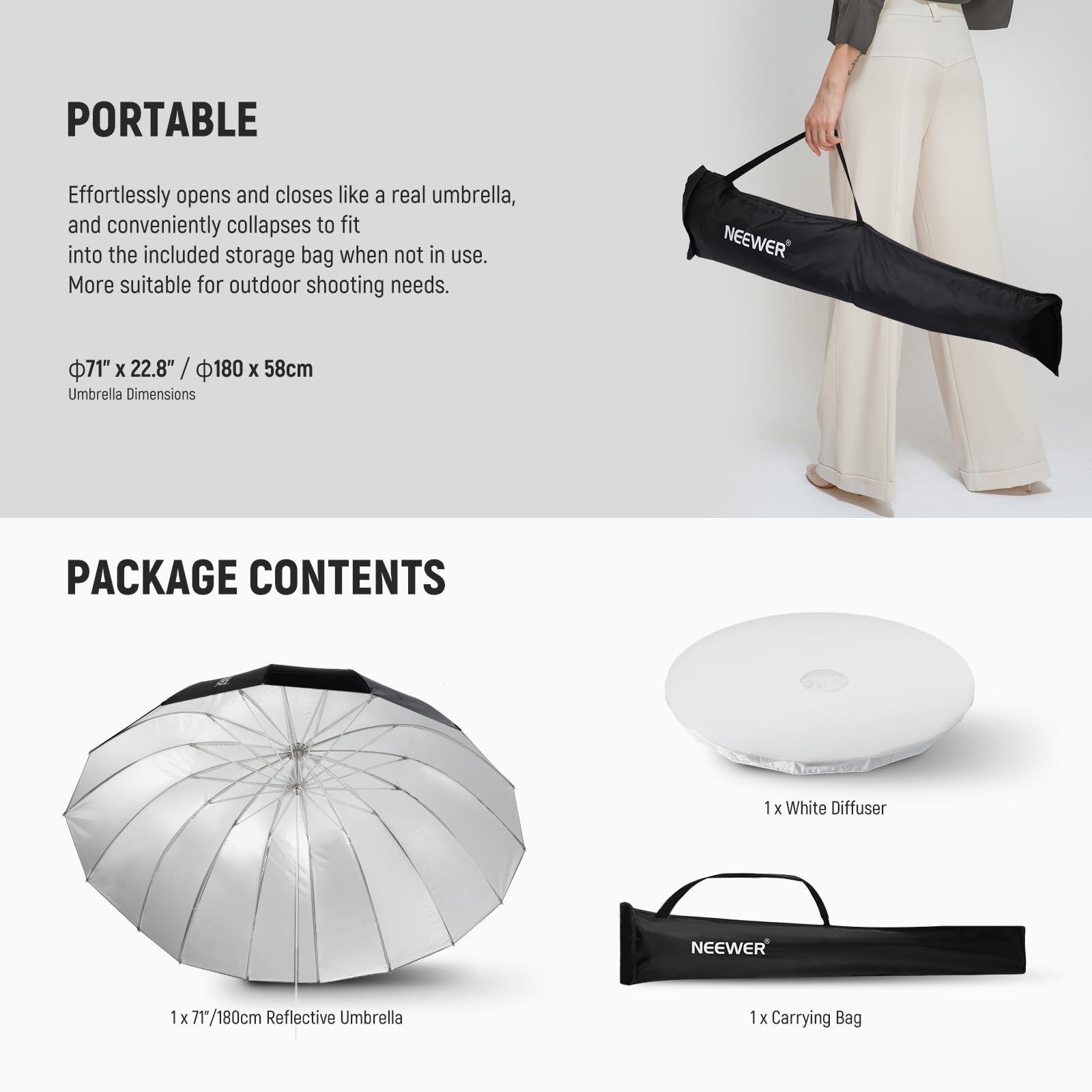 NEEWER 180cm Parabolique Réfléchissant Parapluie Photographie avec Intérieur Argenté,Éclairage Doux avec Couvercle Diffuseur,Sac,Pliage Rapide pour Caméra Studio Prise de Vue Monolight Flash,NS4U