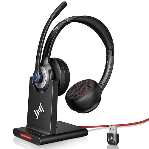 JIAMQISHI Wireless Headset with AI Noise Cancelling Microphone Bluetooth Headset - Bluetooth V5.2 Headphones with USB Dongle, Charging Base & Mic Mute for Computer/Laptop/PC/iPhone/Android/Cell Phones - Black