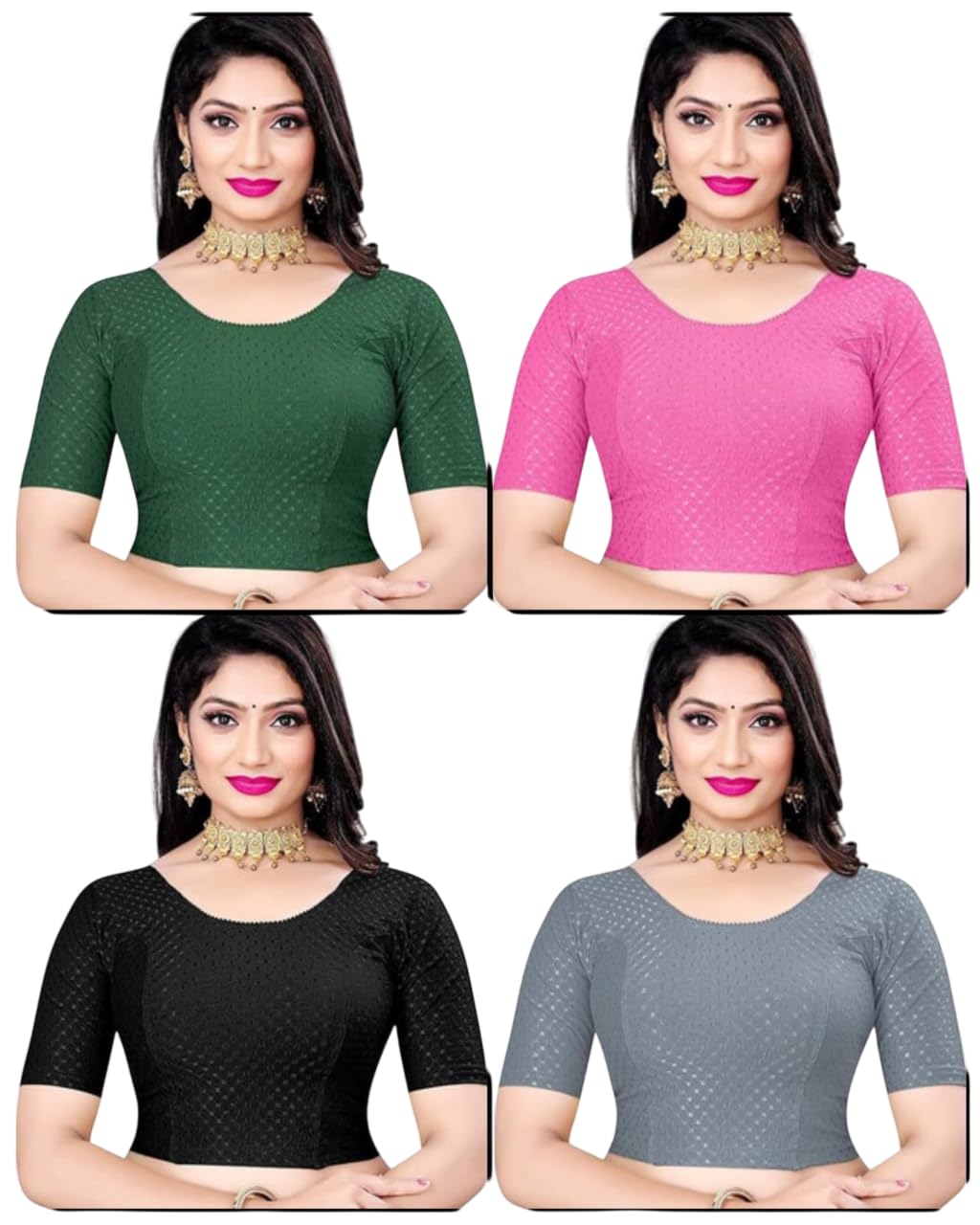 V.R. Traders Women’s Stretchable Cotton Blend Saree Blouse Pack of 4 (Green, Pink, Black, Grey) | Dobby Solid Readymade Blouse | Half Sleeve Round Neck Casual Ethnic Blouse-picture-12