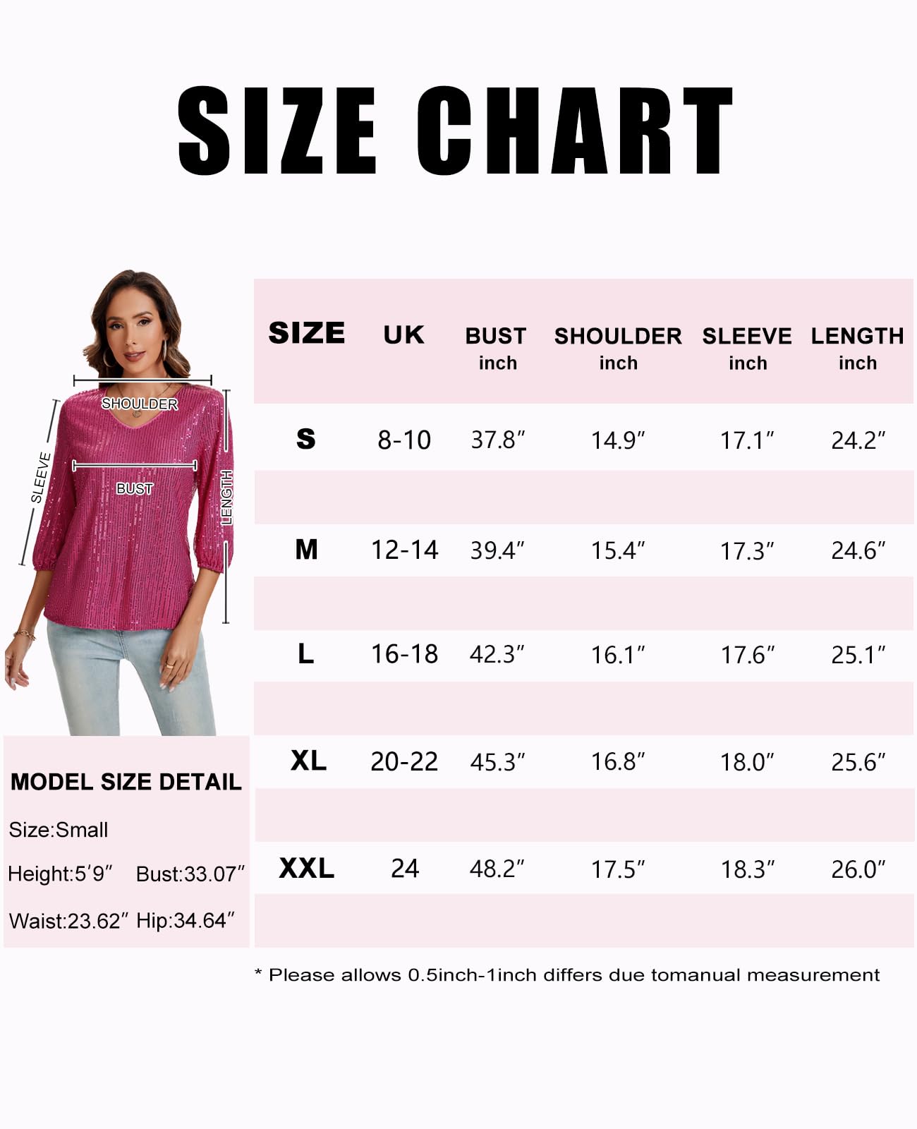 Top da donna con scollo a V con paillettes maniche a 3/4 con polsino elastico, camicie per feste da sera, corpo intero con glitter scintillanti, abito elegante completamente foderato