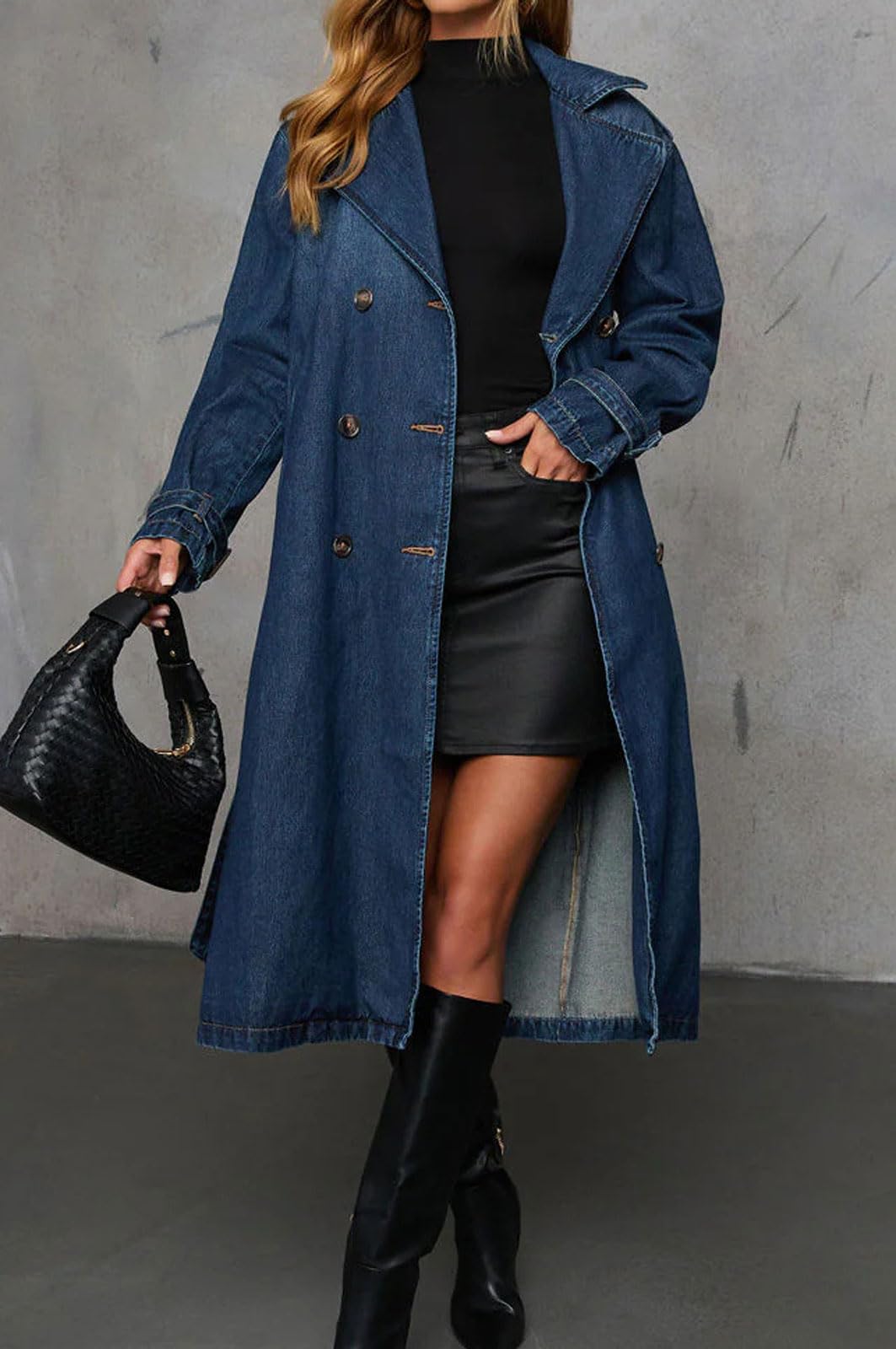 loveimgs Donne Vintage Doppio Petto Mid Lungo Denim Giacca Jean Trench Cappotto Duster Blazer Giacca a Vento Cintura