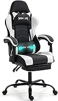 Vista 11 de Silla de juegos con reposapiés para adultos, silla de videojuegos de carreras de piel sintética, con soporte lumbar, para hombres y mujeres, silla