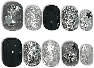 Glitter Cat Eye Press On Nails 10 Pcs with Tools Kit - Handmade Black Grey Starry Sparkle Glue on Nails, Glossy Short Square Edgy Sweet False Nails,Reusable Fake Nails for Date Night Party(M)