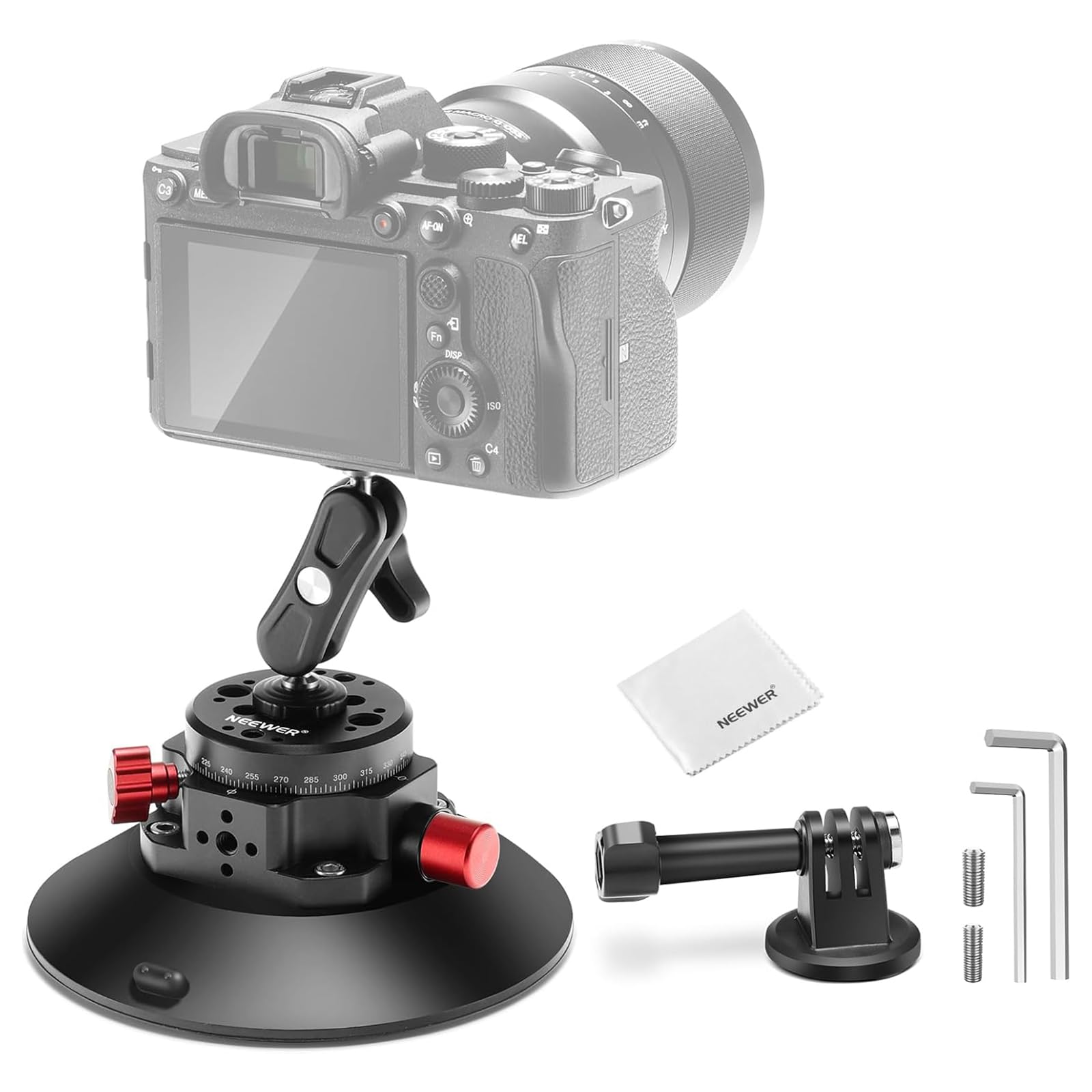 NEEWER Uchwyt na przyssawkę do aparatu 6" kompatybilny z GoPro, głowica kulowa do przedniej szyby z magicznym ramieniem i adapterem Action Cam ściereczka do czyszczenia lustrzanki, uchwyt na telefon