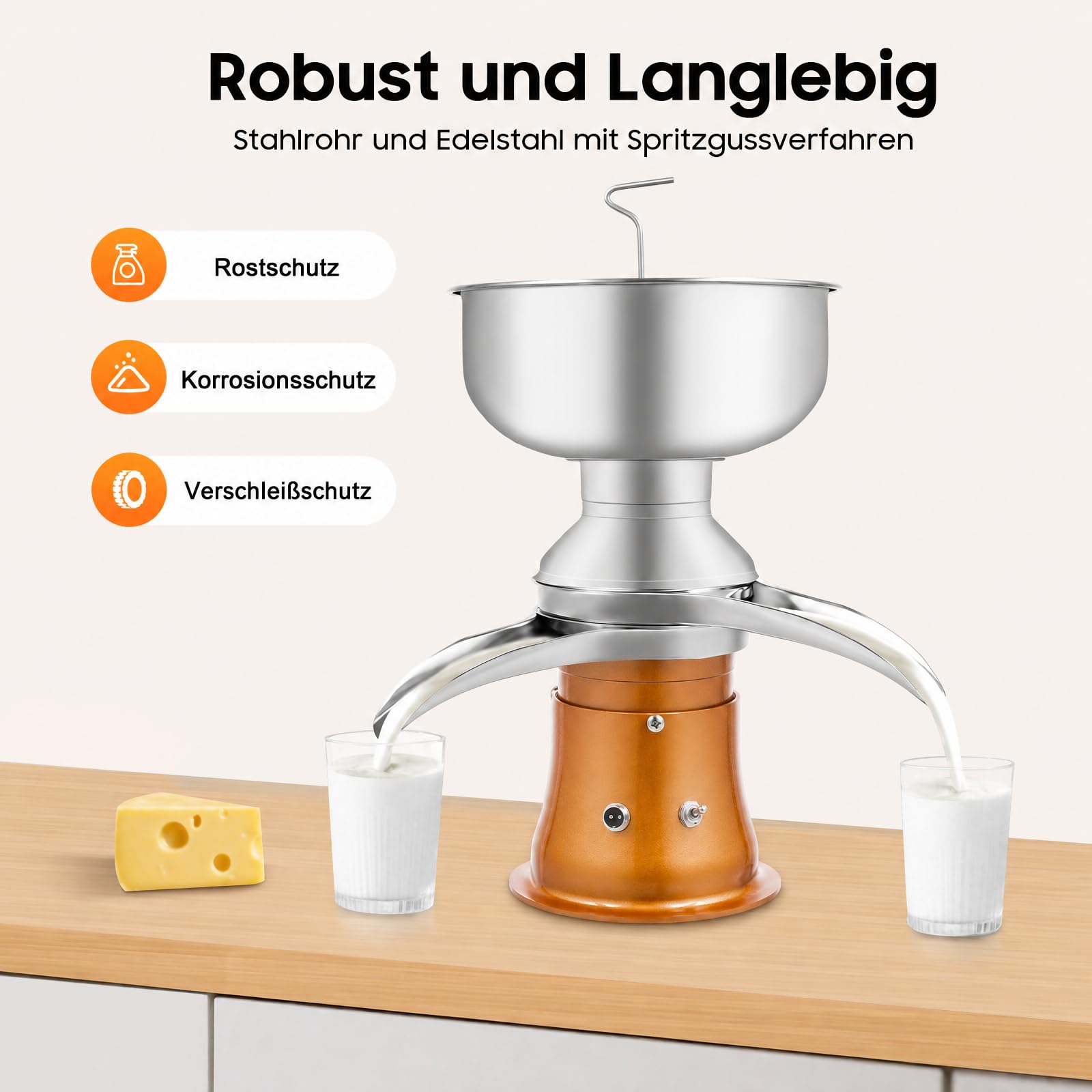 Elektrischer Milchabscheider mit 5L Milchtank, 50L/H Elektrische Milchzentrifug für Kuhmilch Ziegenmilch, Einstellbarer Sahneanteil, Starke Zentrifugalkraft