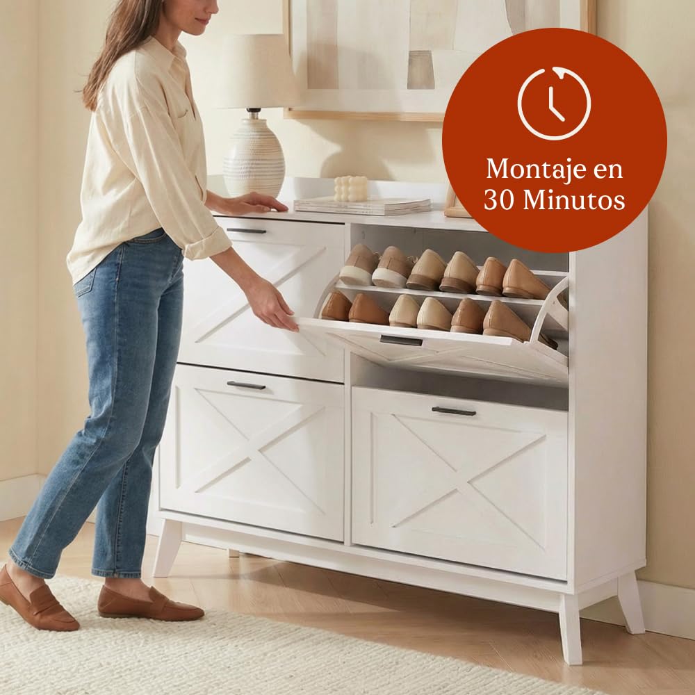 CASABEL Zapatero 4 Abatibles, Frentes con Motivo de Cruz, Blanco, Diseño Funcional, Gran Capacidad 24 Pares, Mueble de Almacenaje para Entrada, Pasillo o Salón, 114x24x96 cm