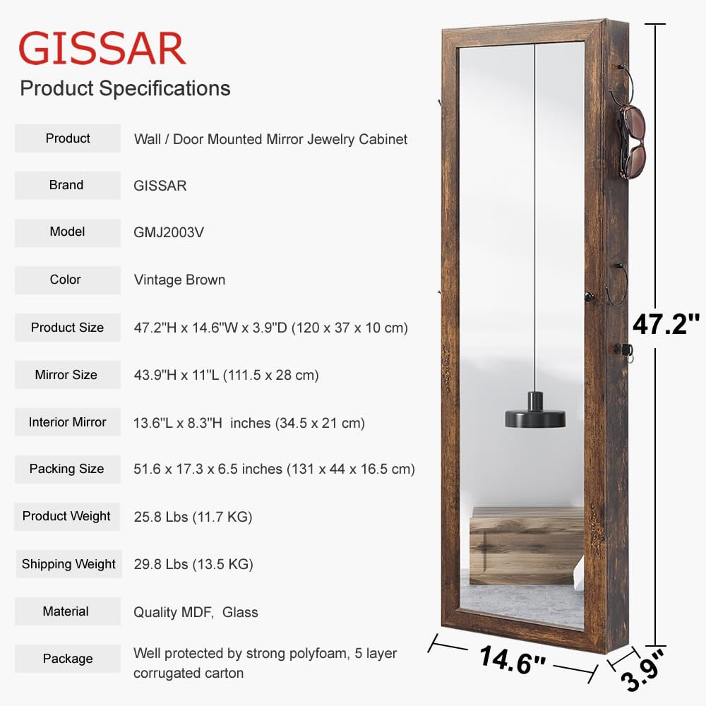 GISSAR Jewelry Mirror Armoire Wall Mount Over The Door Mirror Jewelry Cabinet Storage Mirror Organizer Lockable Full Length Door Mirror,Vintage Brown