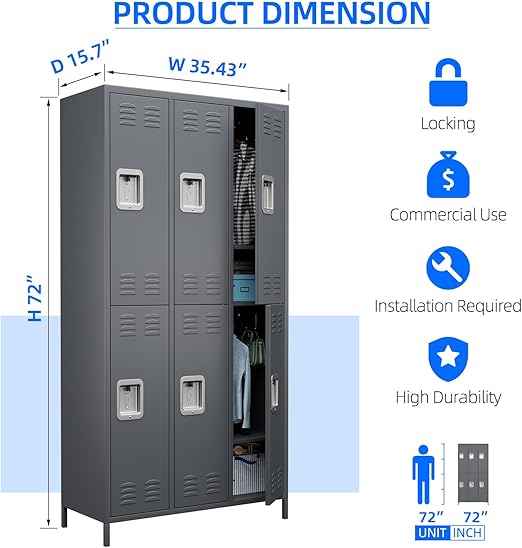 SUPEER 6 Doors Metal Lockers for Employees with Lock, Metal Locker with 18 Hooks for School Garage Office Gym Home,Assembly Required,Dark Grey thumbnail 3