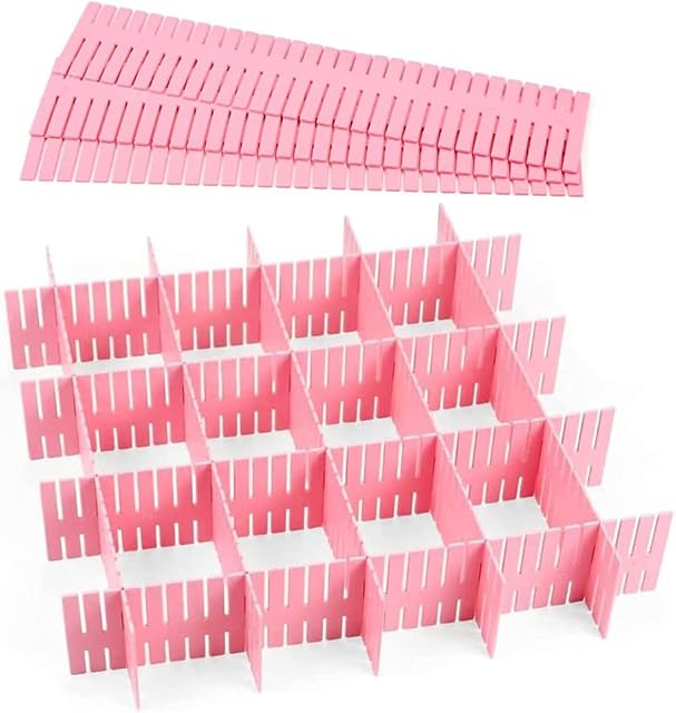 12 Pieces Drawer Dividers, Plastic Drawer Divider, Drawer Organizer Separators, Plastic Adjustable DIY Grid Drawer Divider for Office Supplies, Utensils, Makeup Tools, Underwear, Socks (Pink)
