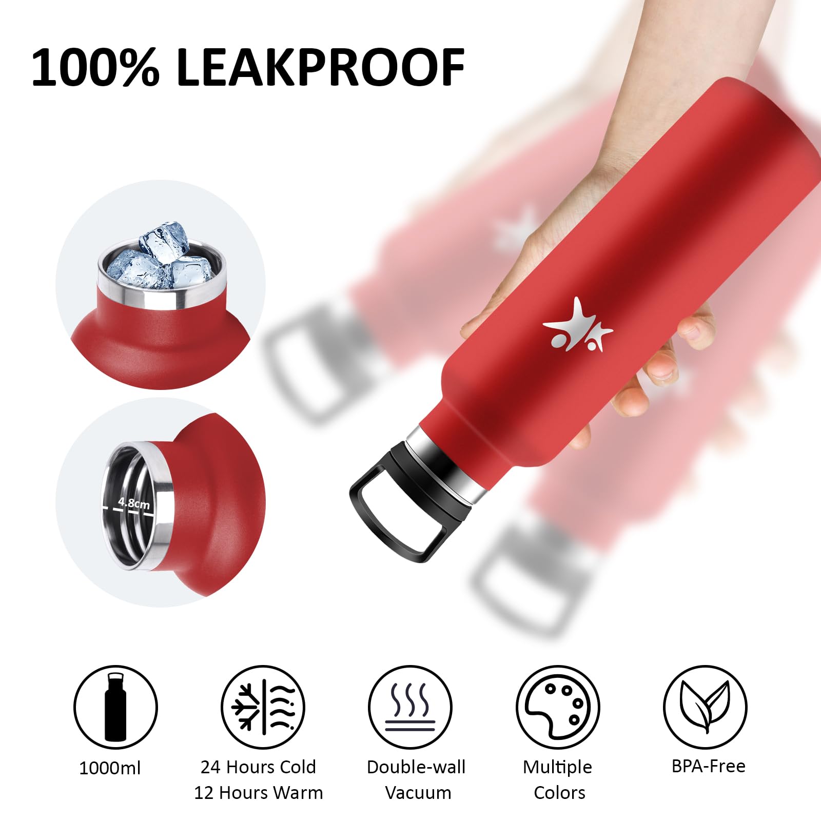 Grsta Borraccia Termica, Borraccia 1 litro, Senza BPA, Bottiglia Termica, Senza Perdite, Borracce Termiche, Mantiene Caldo per 12 Ore/Freddo 24 Ore, Borracce Termiche per Fitness, Trekking, Campeggio