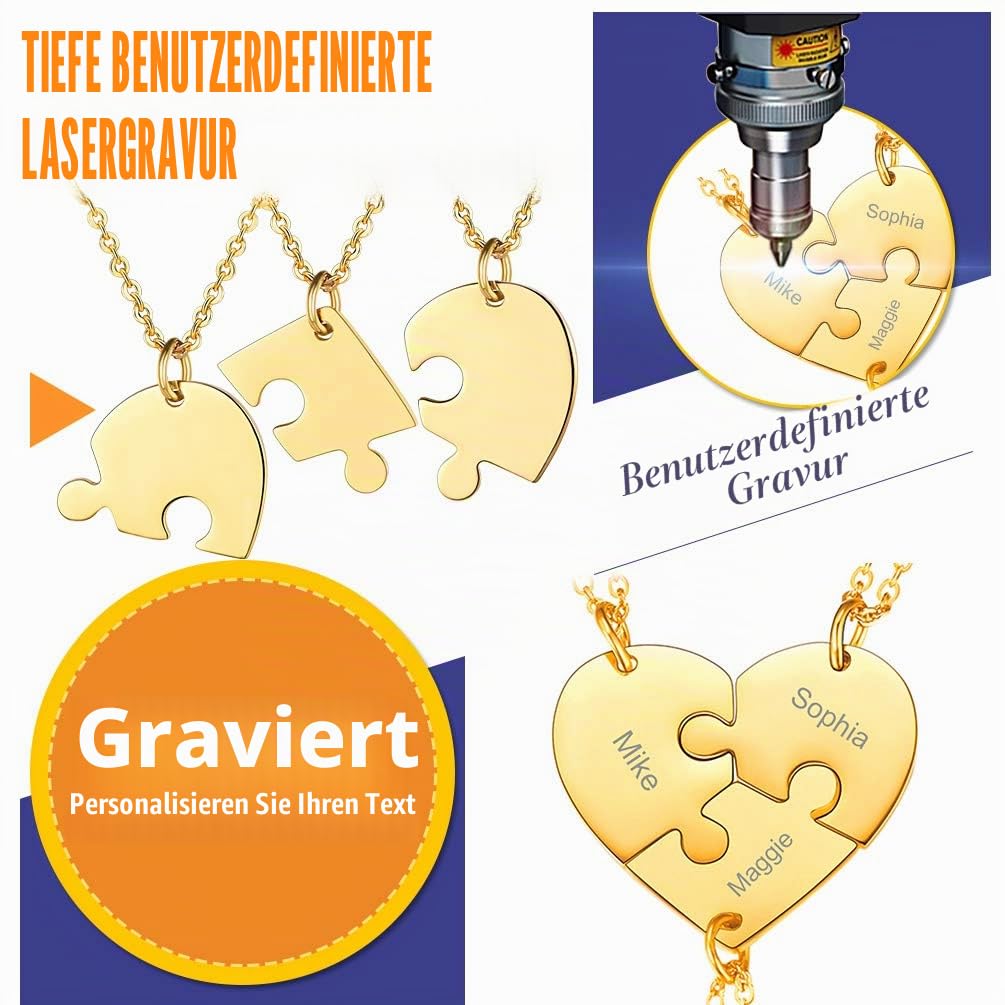 PROSTEEL personalisiert Collier 2/3/4/5/6 Stücke Herz Puzzle Anhänger mit 51cm 1,5mm Rolokette Edelstahl/18k vergoldet Namensketten Gravur Freundschaftsketten für Freundinnen Schwester