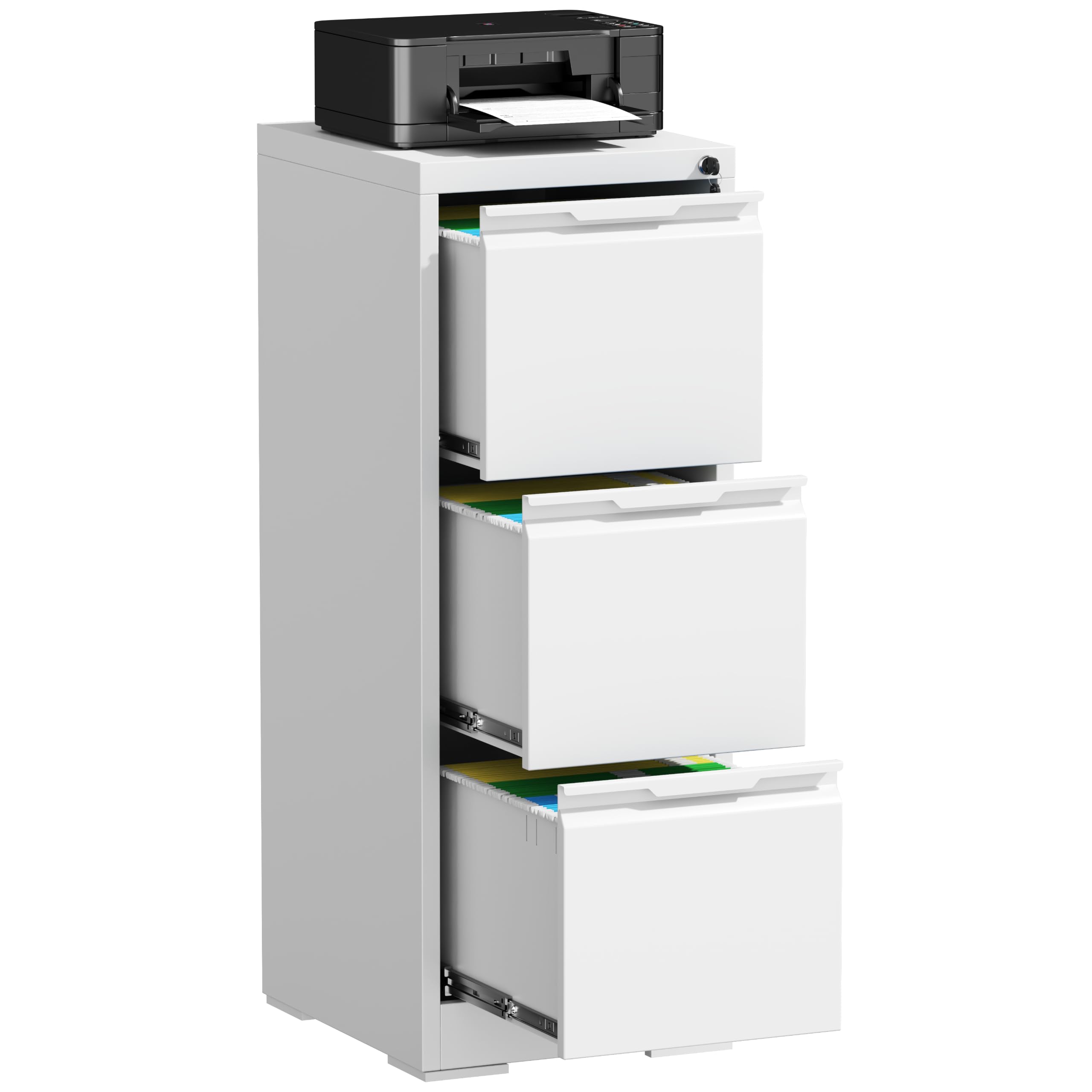 3 Drawer File Cabinet, Metal Vertical File Cabinets with Lock for Home Office, Locking File Cabinet Hanging Files for A4/ Legal/Letter, Assembly Required (White, 3 Drawer - 15" W)