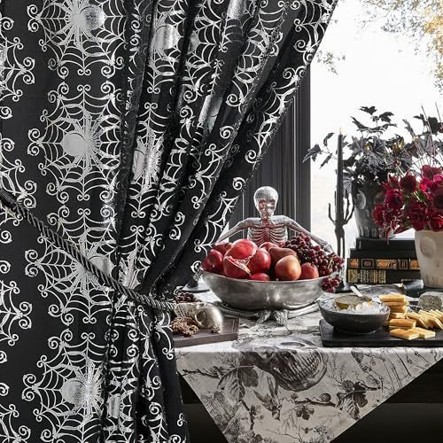 NICETOWN Black Gothic Sheer Curtains for Halloween, Grommet Spider Web Foil Print with Light Filtering Drapes for Horror Theme Room, W52 x L96, 2 Panels