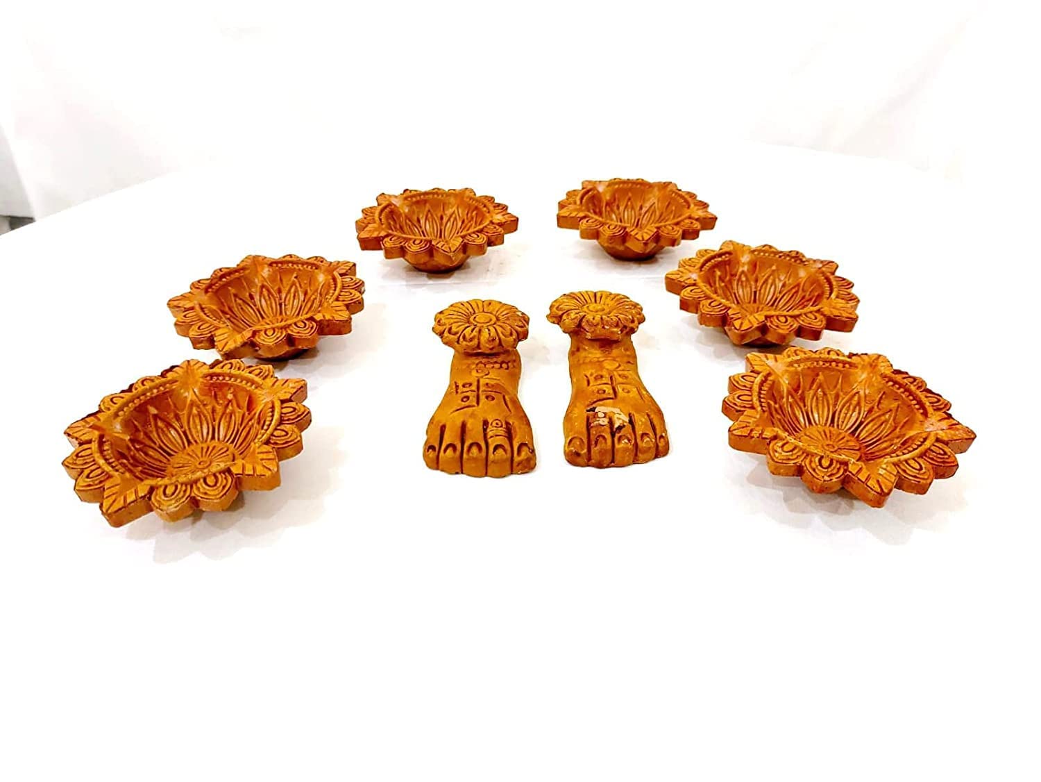 New Inning Associates Clay Earthenware Decorative Handcrafted 2 Pair Laxmi ji charan with Diya Pack of 7