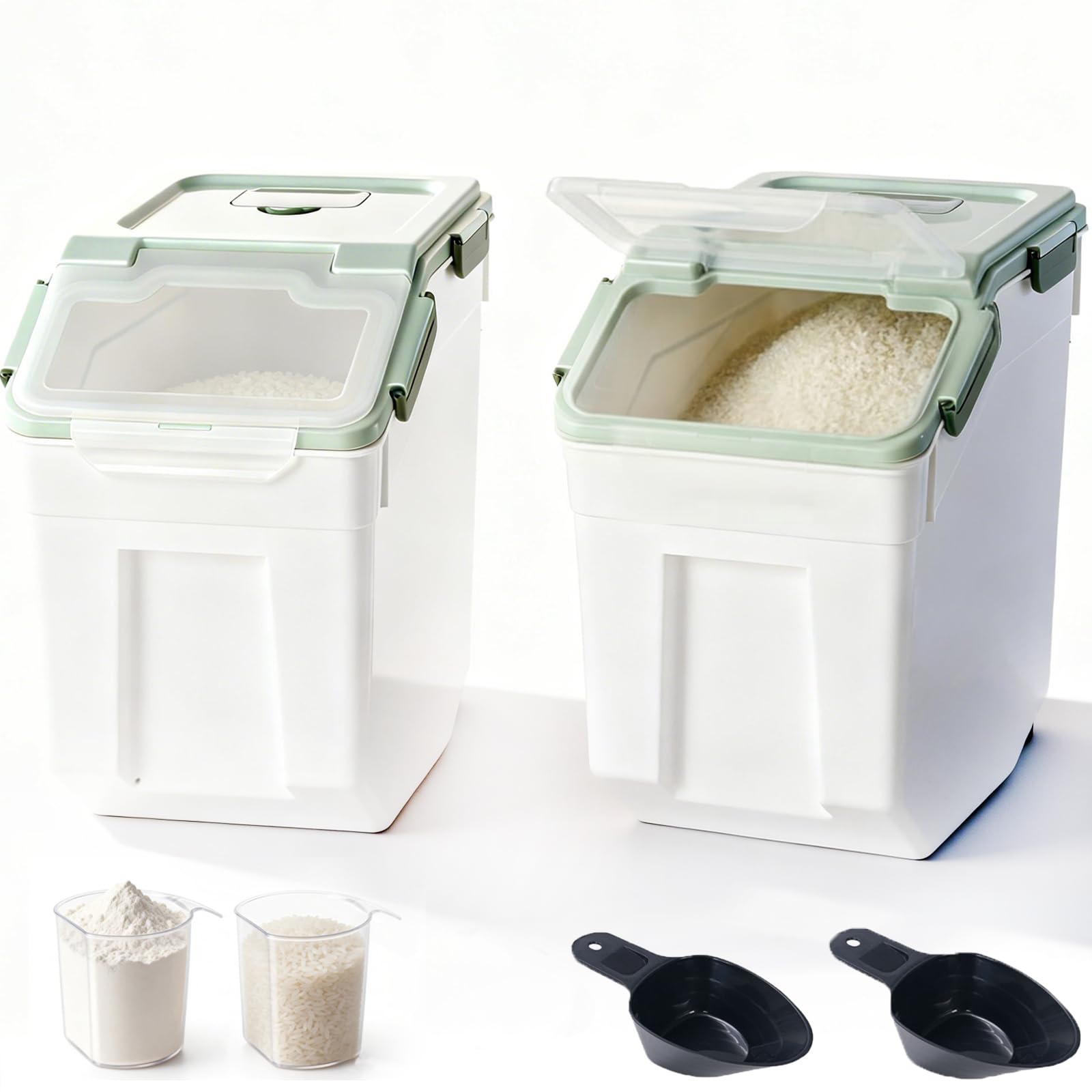 RUIAN Contenedor de almacenamiento hermético grande, contenedor de almacenamiento de arroz de 25 libras con tapa de bloqueo de sellado de ruedas, con taza medidora y cuchara para harina, arroz, grano
