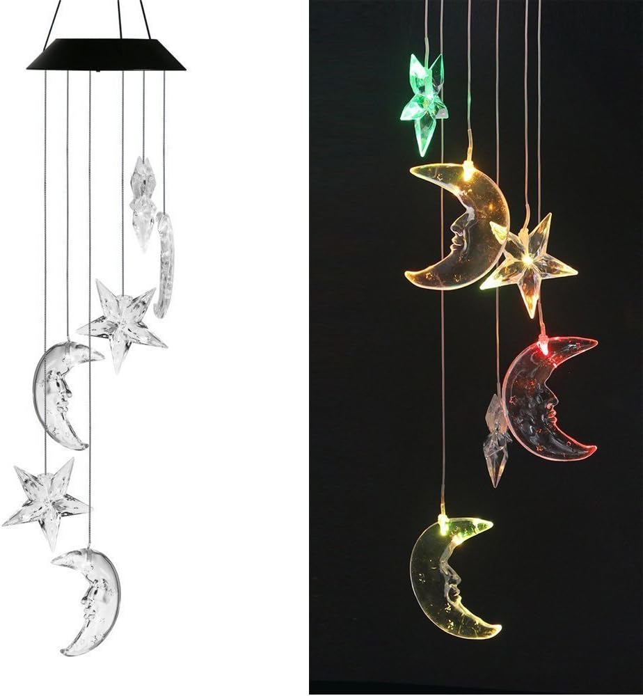 Color-Changing LED Color Changing Shell Wind Chime Solar Powered LED Hanging Lamp Wind Chime Light Wind Chimes for Outdoor Indoor Gardening Lighting Decoration Home (Star Moon)