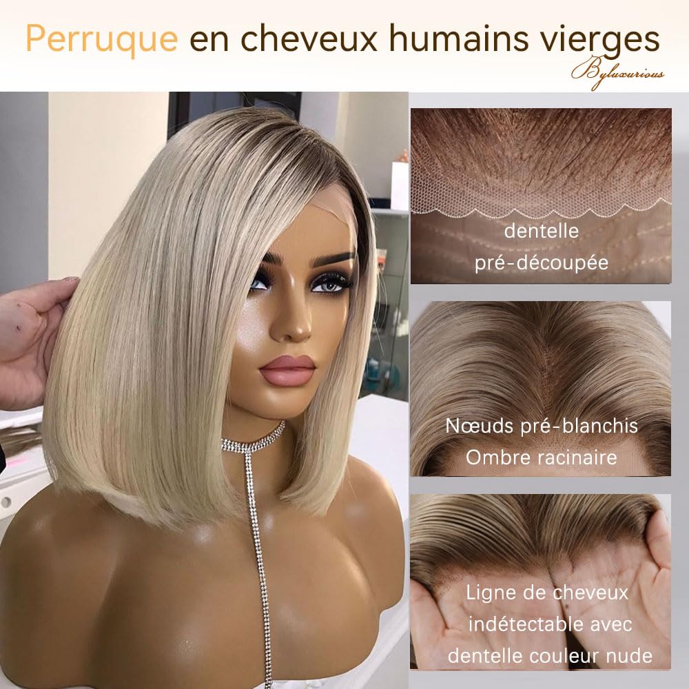 Perruque Bob Court Densité 180% - Cheveux Humains Teinture Balayage Salon Lune Cendrée Ombre Racinaire, Dentelle Nude Améliorée 13x4, Résistante à la Chaleur & Flexibilité de Séparation