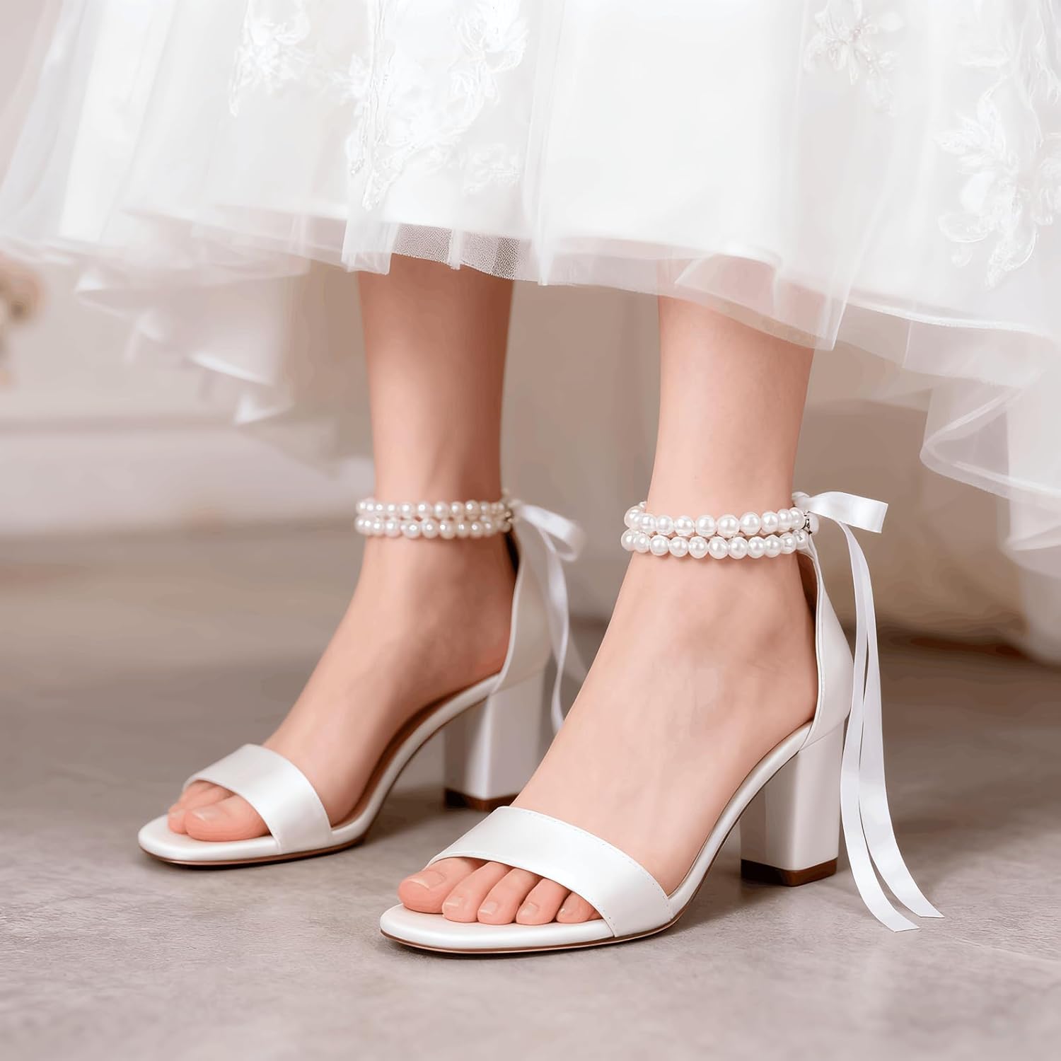 Isobud Women's Open Toe Pearl Wedding Shoes for Bride White Heels with Bow Bridal Shoes Chunky Block Satin Heels Sandals - Image 2