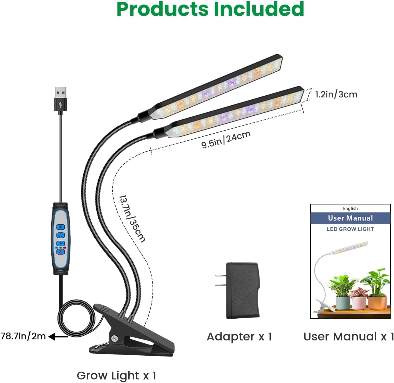 Aumtrly Grow Lights for Indoor Plants, 2 Head 114 LED Full Spectrum Clip on Plant Lights for Indoor Growing with 6/12/16H Timer, 5 Dimming, 3 Light Mode, Black Gooseneck Grow Lamp