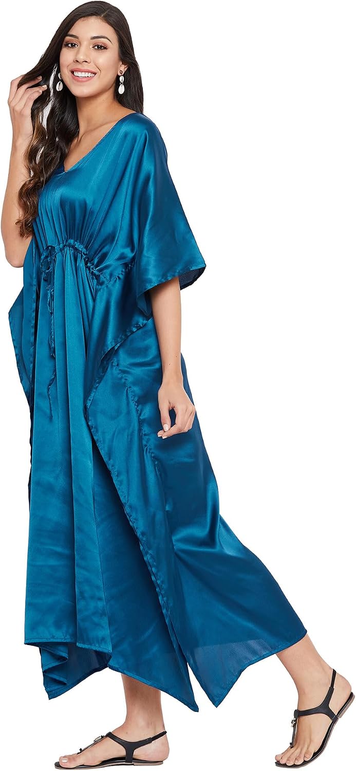 Oussum Women Plus Size Satin Solid Caftan Dress Loose Night Gown Maxi Dresses Kimono Sleeve for Loungewear