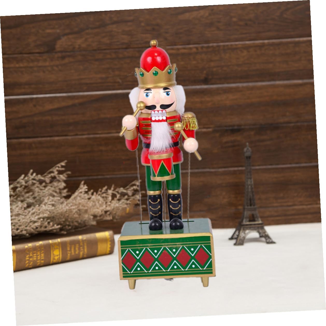 Classic 32cm Red Wooden Nutcracker Music Box, Hand-cranked Rotating Christmas Nutcracker Figurine, Festive Xmas Decoration for Home Table Centerpiece