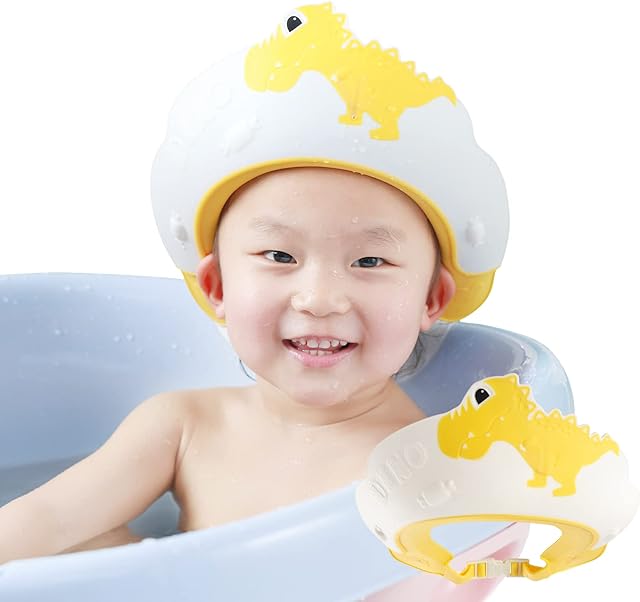 FUSACONY Baby Shower Cap Shield, Bath Hats for Kids, Baby Hair Washing Shield,Adjustable Children Shampoo Cap and Visor, Toddler Eyes and Ears Waterproof Hat Dinosaur (Yellow)