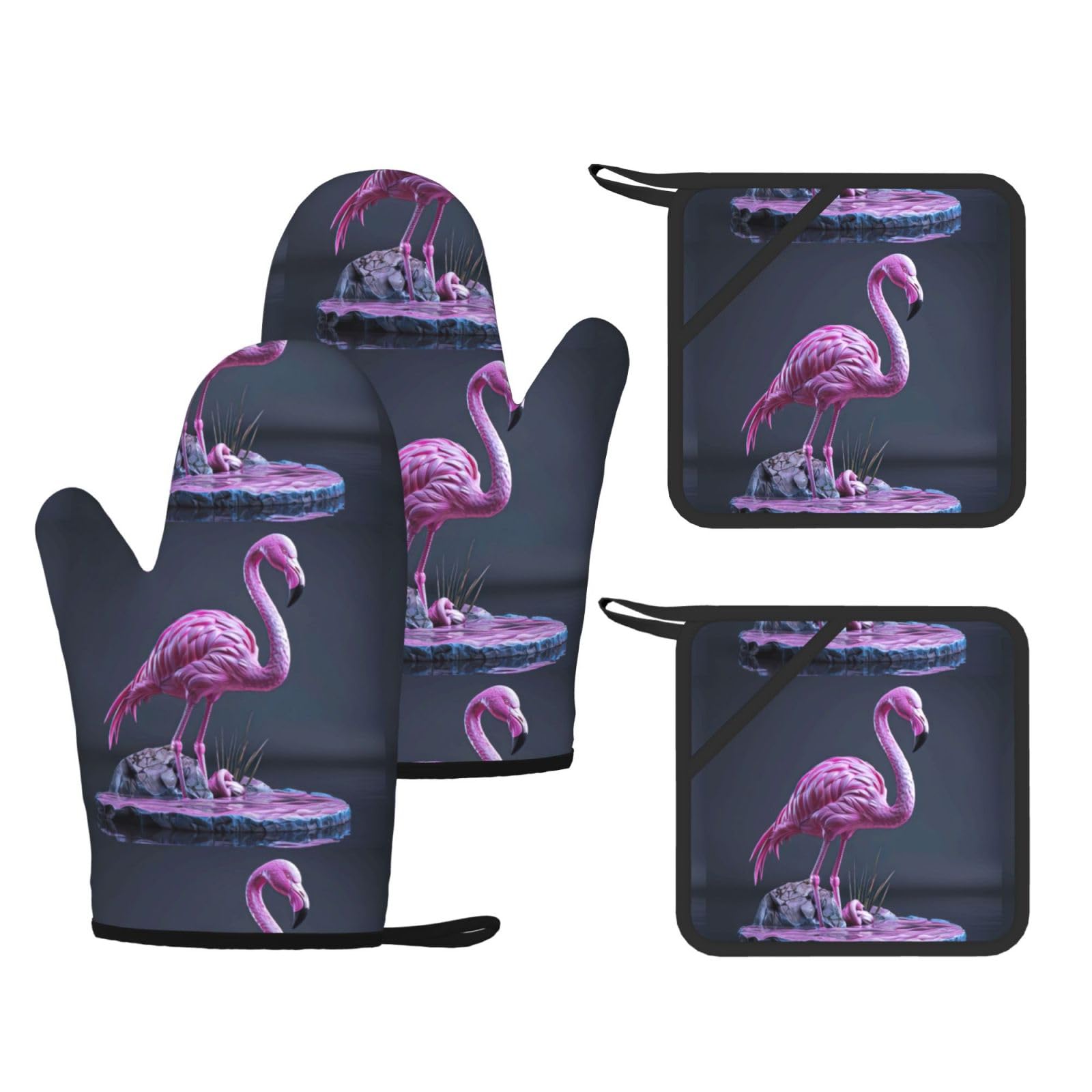 Hollow Flamingo Printed Cooking Mitts and Pot Holders 4 Pcs, Heat Resistant Oven Gloves with Hanging Loop Chef