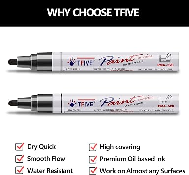 TFIVE Black Permanent Paint Marker Pens - 2 Count Oil Based Marker Pen, Medium Tip, Waterproof & Quick Dry, for Office, Art projects, Rock Painting, Ceramic, Glass, Wood, Plastic, Metal, Canvas