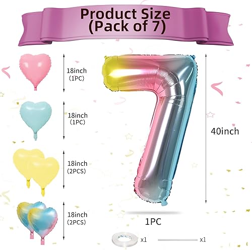 Miniatura 2 de Biapian Globos arcoíris número 7 de 40 pulgadas, 7 globos grandes de cumpleaños con el número 7 con globos de aluminio rosa, azul, amarillo, en