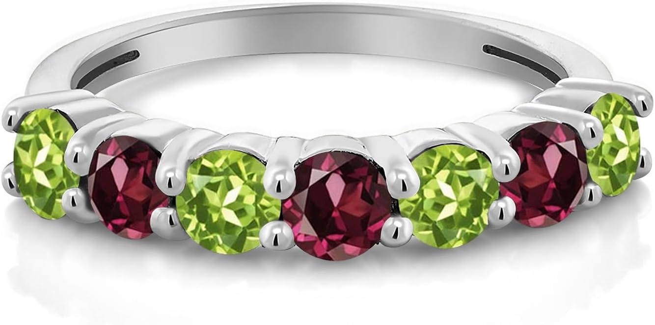 Gem Stone King 1.38 Cttw Green Peridot and Red Rhodolite Garnet Alternate Anniversary Ring For Women | 925 Sterling Silver | Gemstone Birthstone | Round 3.5MM | Available In Size 5, 6, 7, 8, 9