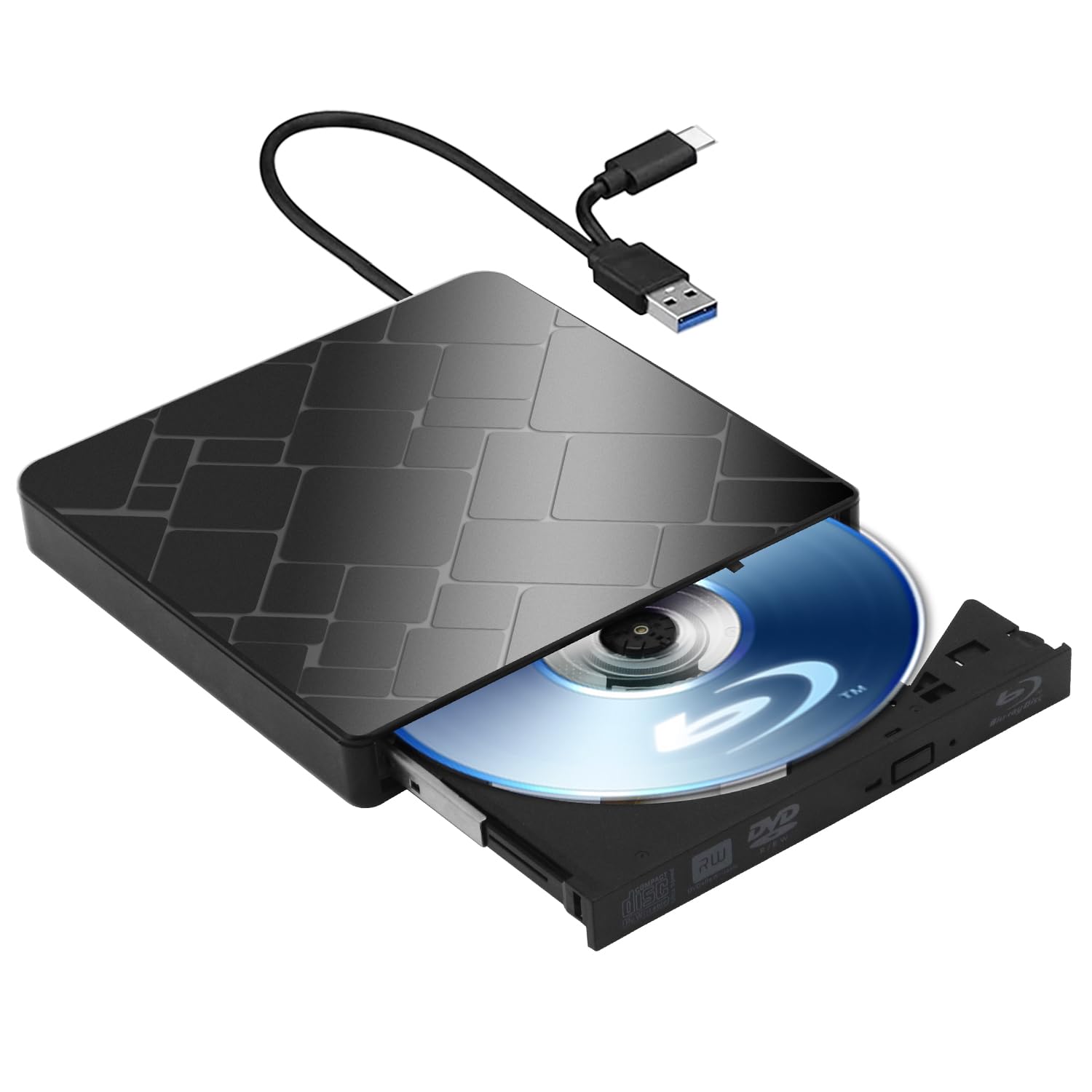 Lecteur Blu Ray Externe - Portable Lecteur Blu-Ray Externe USB 3.0 et Type-C Lecteur Blu Ray 3D Graveur BD Lecteur CD DVD Drive Player, Slim Optical Bluray Drive Reader pour Windows XP/7/8/10/11