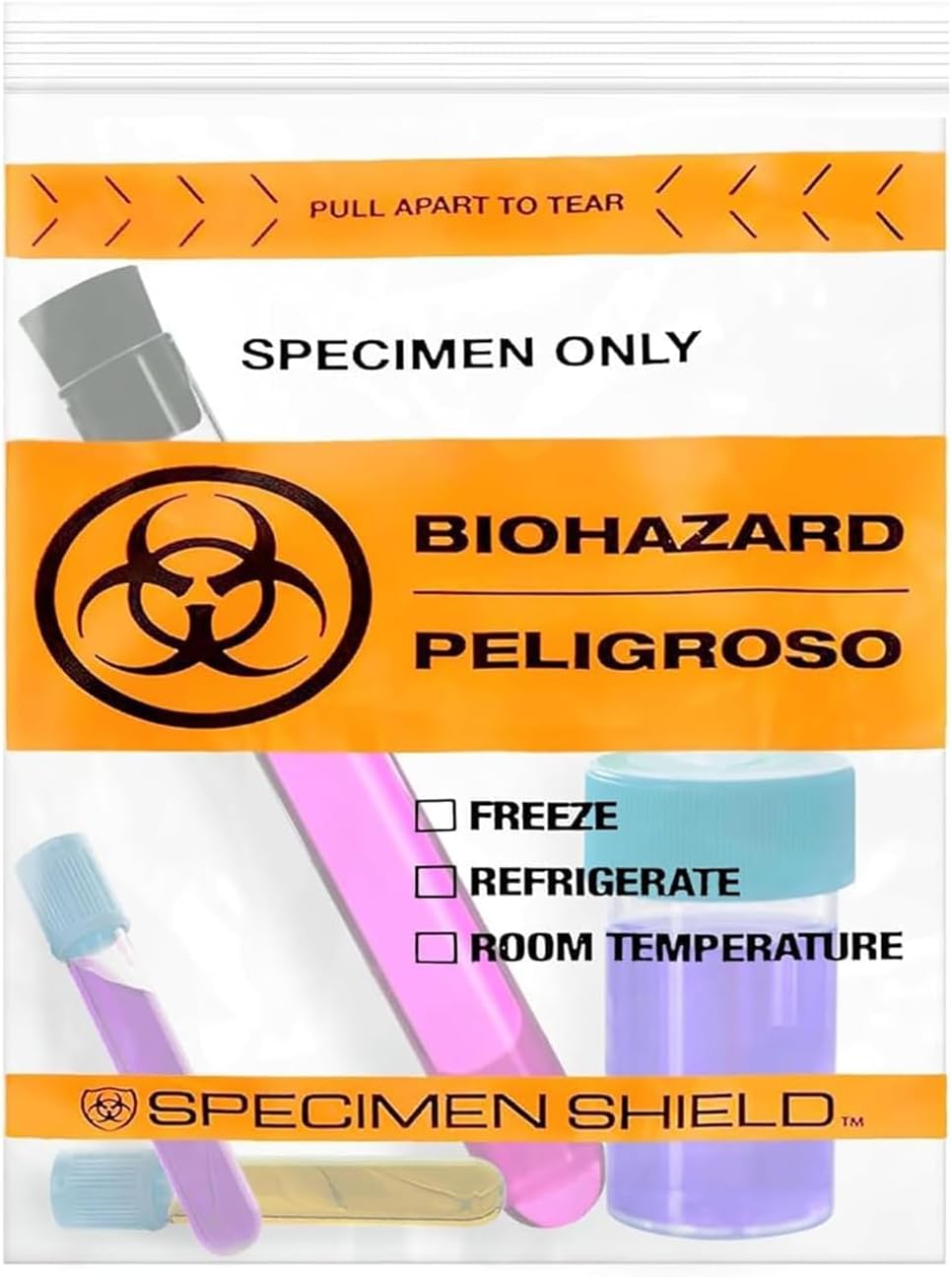 APQ Clear Orange Biohazard Specimen Bags, 12 x 15 Inches, Pack of 100
