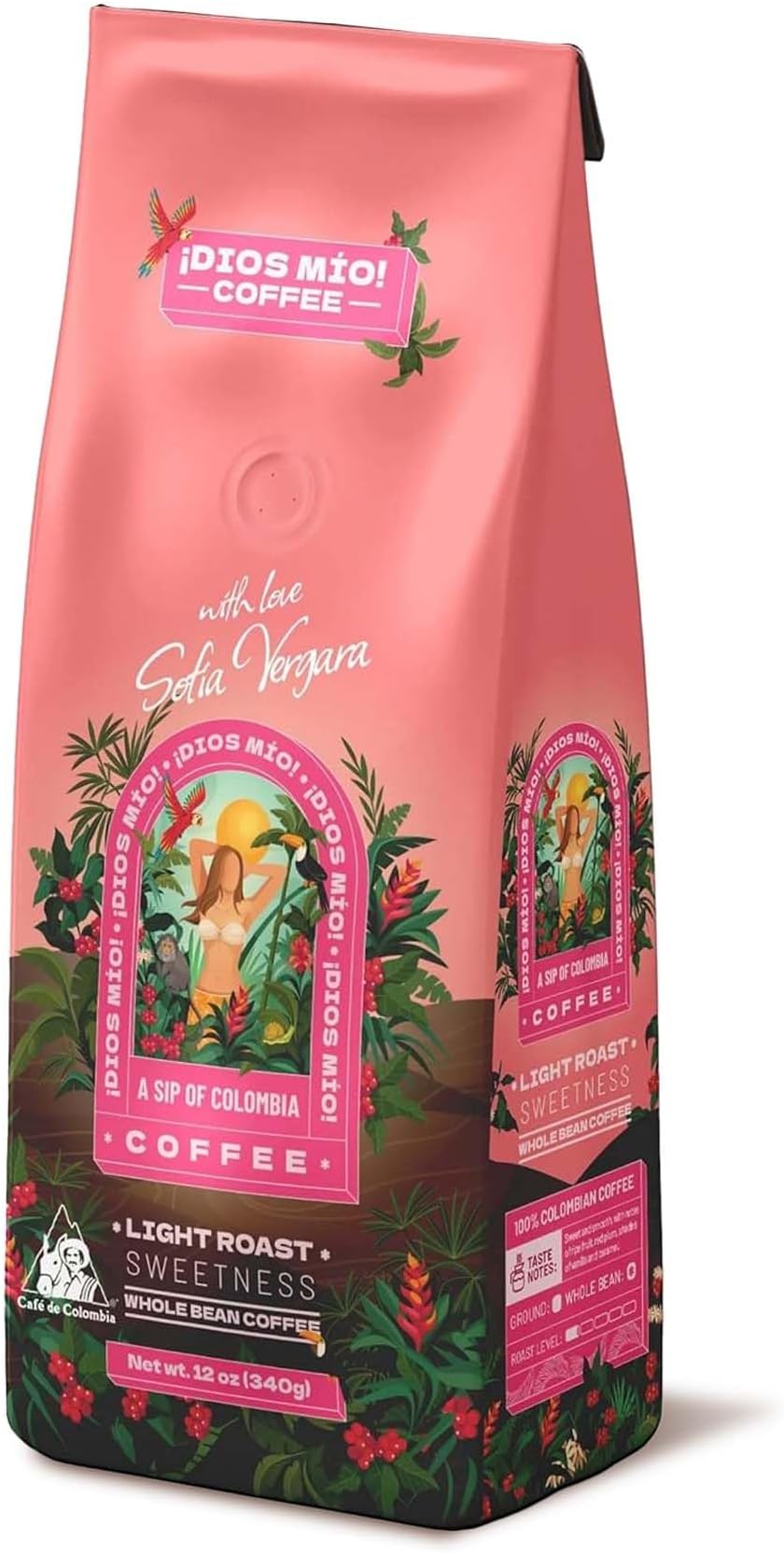 Dios Mio Coffee by Sofia Vergara, Light Roast, Whole Bean Premium Colombian Coffee, 12 Ounce Bag